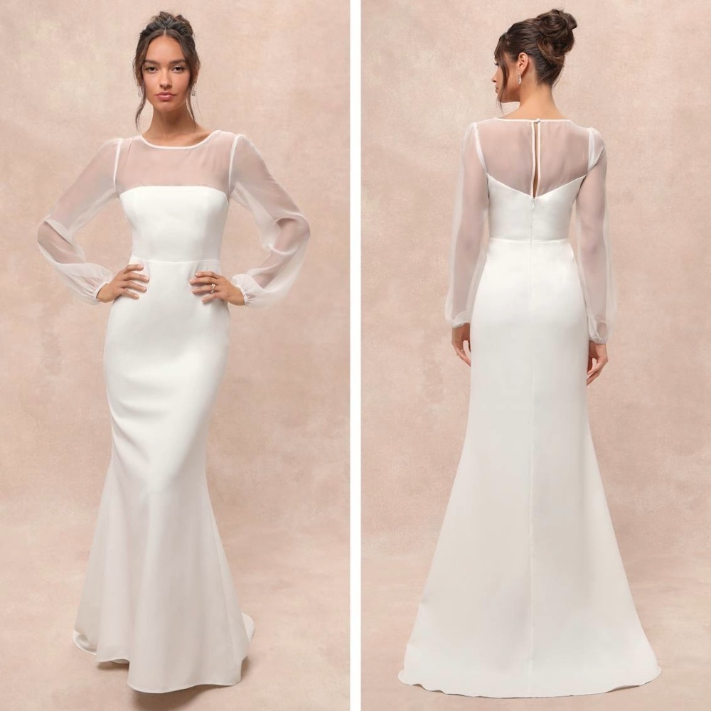 NWT Lulus Immaculate Romance White Sheer Organza Long Sleeve Maxi Dress, Small
